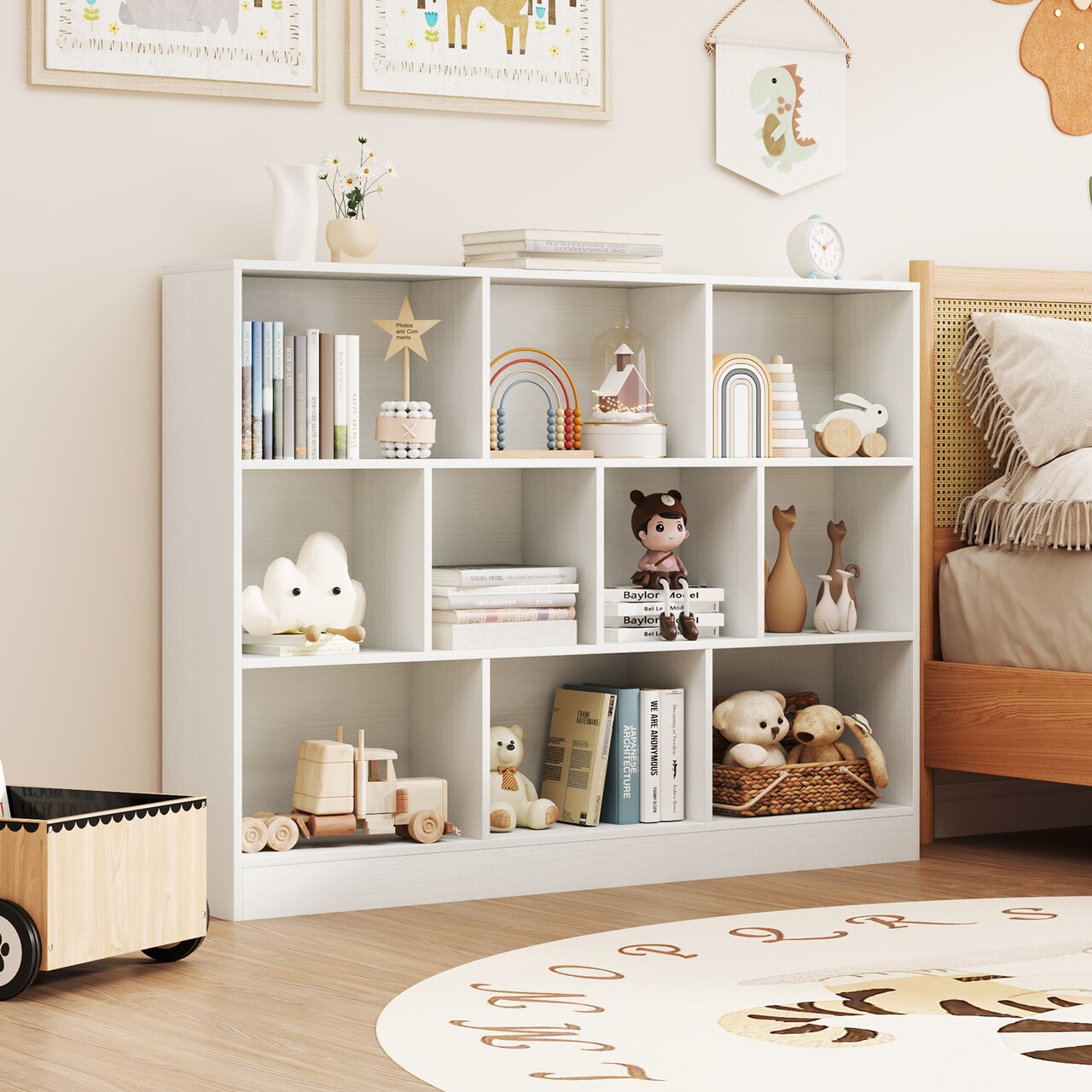 41 inches Freestanding White Wooden Toy Cabinet with 10 Storage Cubbies and Large Top for Books and Toys